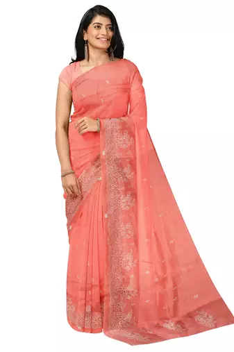Coral pink embroidered saree