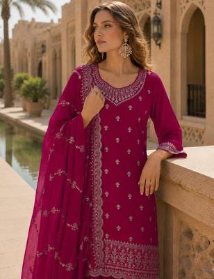 D red faux georgette suit with embroidery work 2