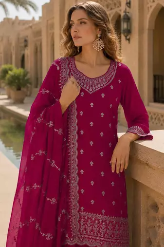 D red faux georgette semi stitched suit with embroidery work