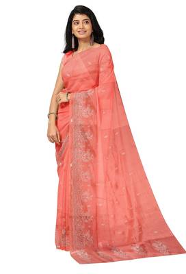 Coral pink embroidered saree 2