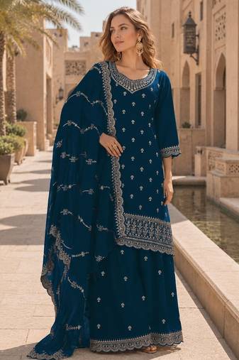 Teal faux georgette semi stitched suit with embroidery work