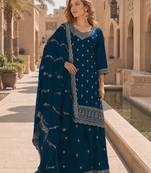 Teal faux georgette semi stitched suit with embroidery work
