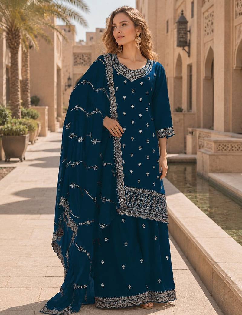 Teal faux georgette semi stitched suit with embroidery work