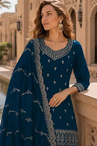 Teal faux georgette semi stitched suit with embroidery work