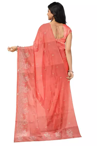 Coral pink embroidered saree