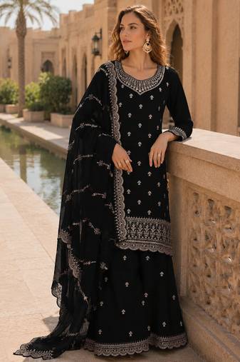 Black faux georgette semi stitched suit with embroidery work