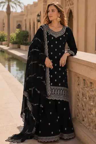 Black faux georgette semi stitched suit with embroidery work