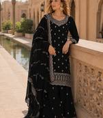 Black faux georgette semi stitched suit with embroidery work