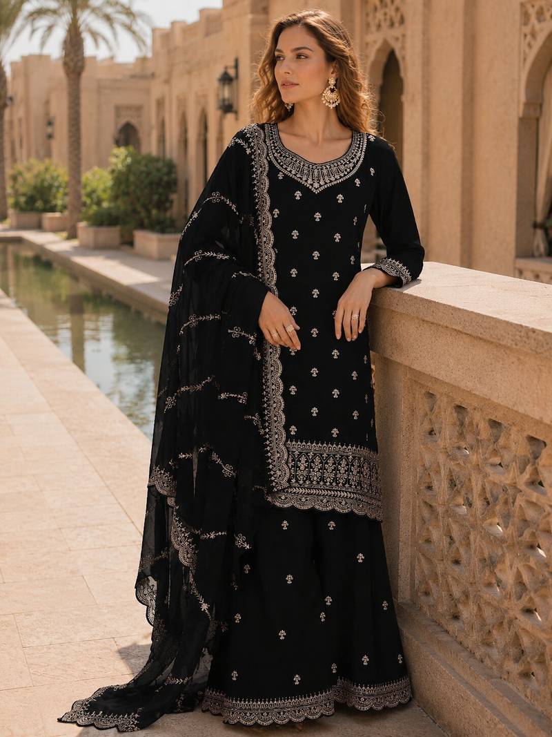 Black faux georgette semi stitched suit with embroidery work