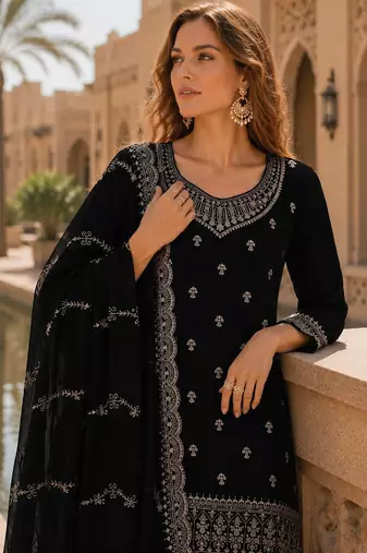 Black faux georgette semi stitched suit with embroidery work