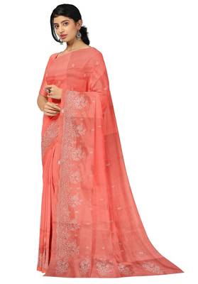 Coral pink embroidered saree 4