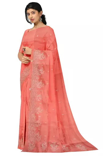 Coral pink embroidered saree
