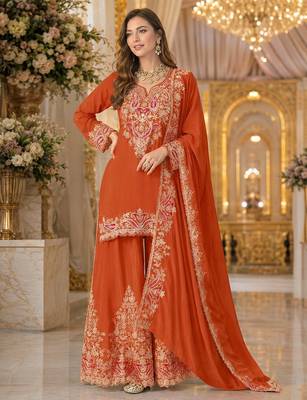 Orange chinon suit with embridery & sequin work 1