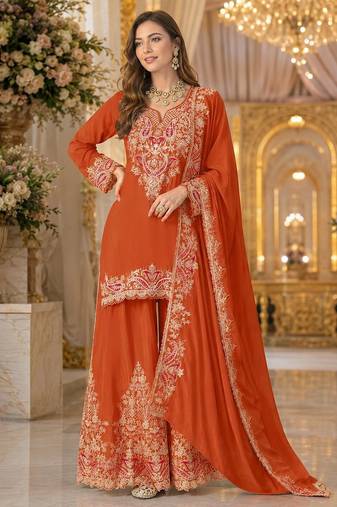 Orange chinon semi stitched suit with embridery & sequence work