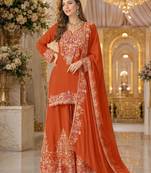 Orange chinon semi stitched suit with embridery & sequence work