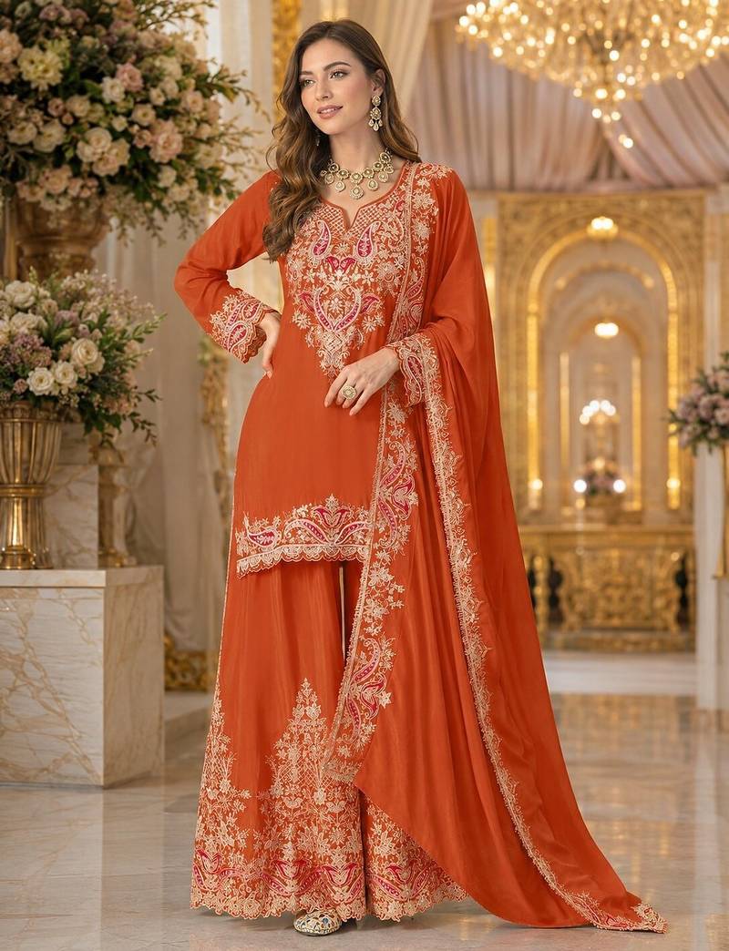 Orange chinon semi stitched suit with embridery & sequence work
