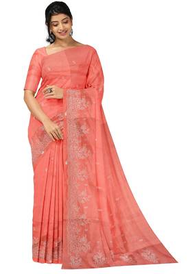 Coral pink embroidered saree 5