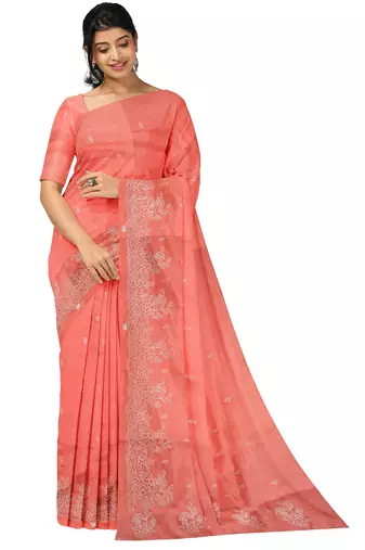 Coral pink embroidered saree