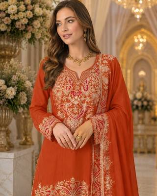 Orange chinon suit with embridery & sequin work 2