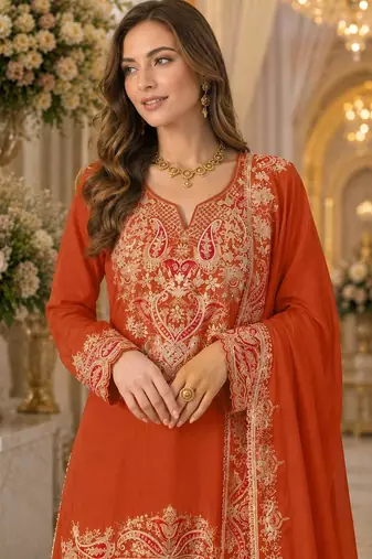 Orange chinon semi stitched suit with embridery & sequence work