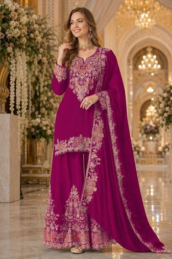 Red chinon semi stitched suit with embridery & sequence work