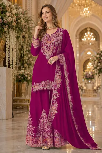Red chinon semi stitched suit with embridery & sequence work