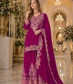 Red chinon semi stitched suit with embridery & sequence work