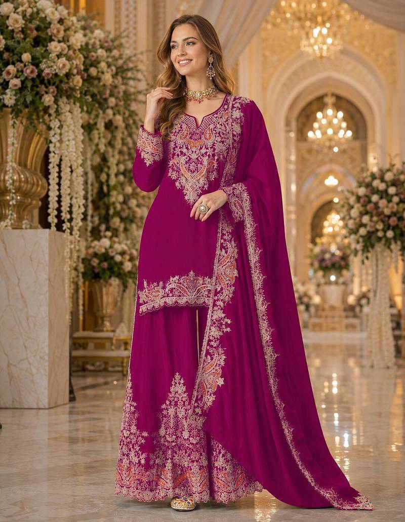 Red chinon semi stitched suit with embridery & sequence work