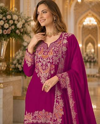 Red chinon suit with embridery & sequin work 2