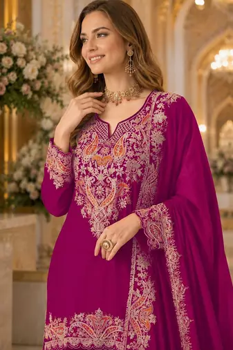 Red chinon semi stitched suit with embridery & sequence work