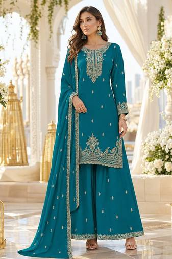 Teal blue faux georgette semi stitched suit with embroidery & sequence work
