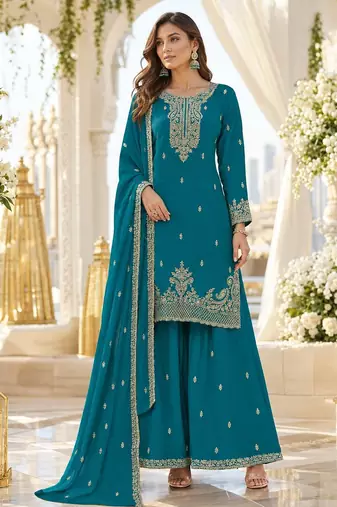 Teal blue faux georgette semi stitched suit with embroidery & sequence work