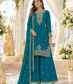 Teal blue faux georgette semi stitched suit with embroidery & sequence work