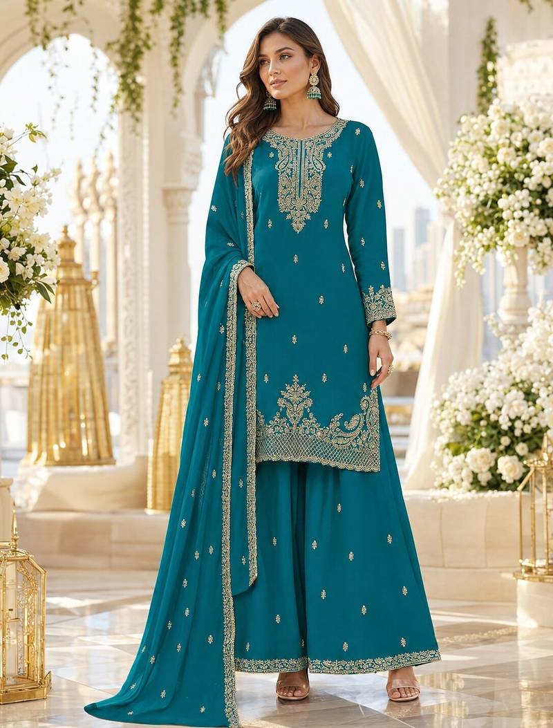 Teal blue faux georgette semi stitched suit with embroidery & sequence work