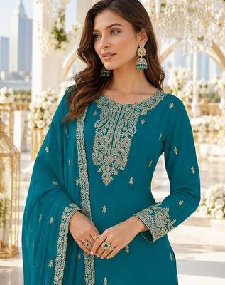 Teal blue faux georgette semi stitched suit with embroidery & sequin work 2