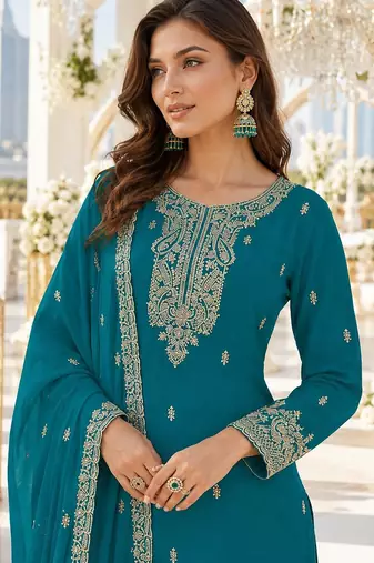 Teal blue faux georgette semi stitched suit with embroidery & sequence work