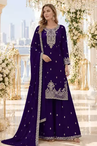 Violet faux georgette semi stitched suit with embroidery & sequence work