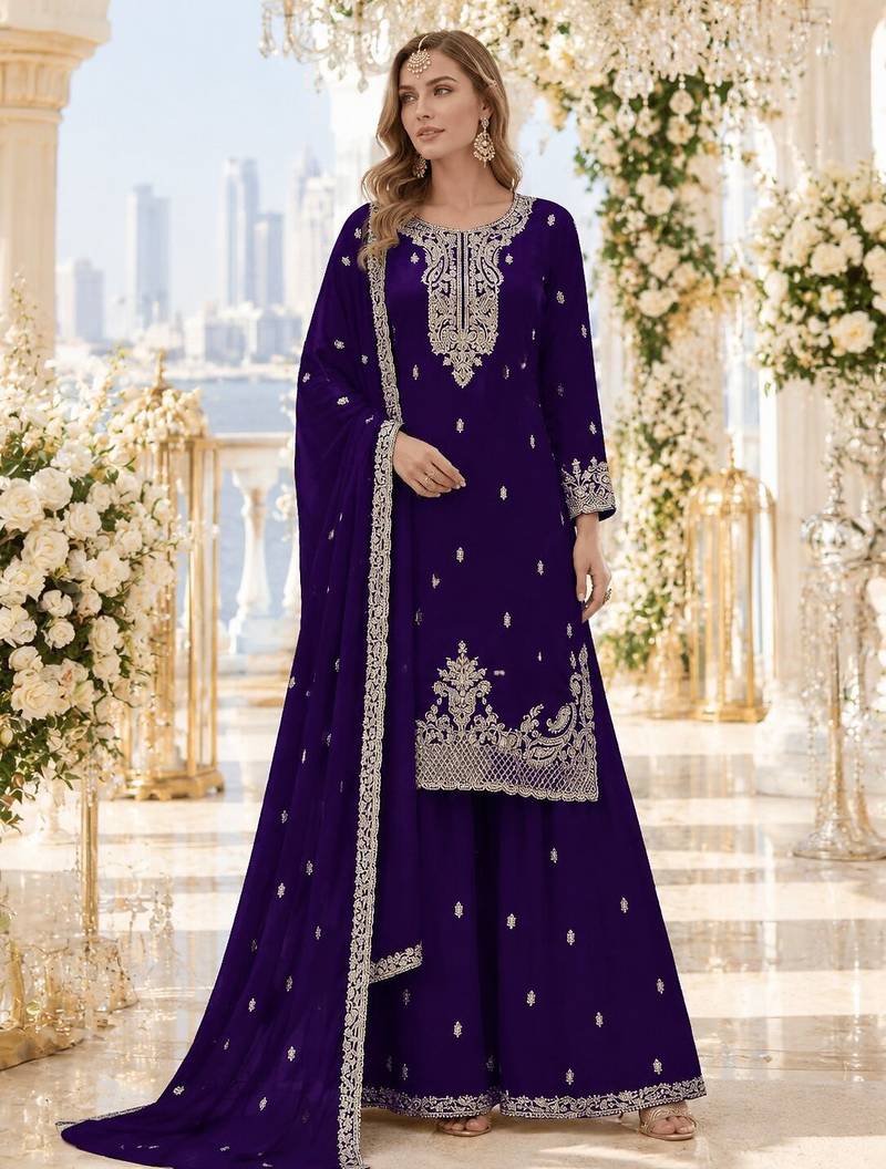Violet faux georgette semi stitched suit with embroidery & sequence work