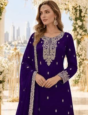 Violet faux georgette semi stitched suit with embroidery & sequence work 2