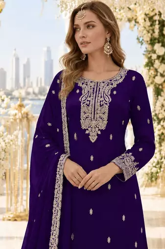 Violet faux georgette semi stitched suit with embroidery & sequence work