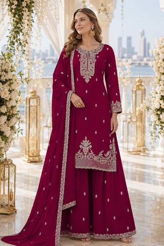 Red faux georgette semi stitched suit with embroidery & sequence work