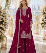 Red faux georgette semi stitched suit with embroidery & sequence work