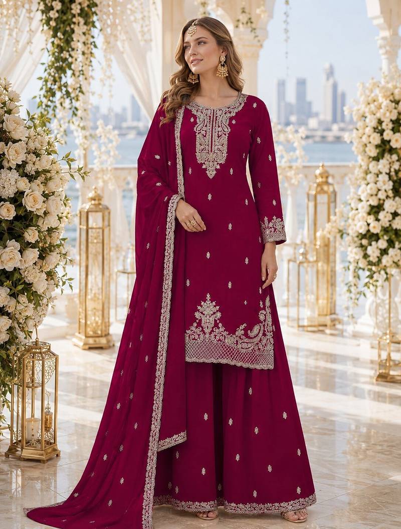 Red faux georgette semi stitched suit with embroidery & sequence work