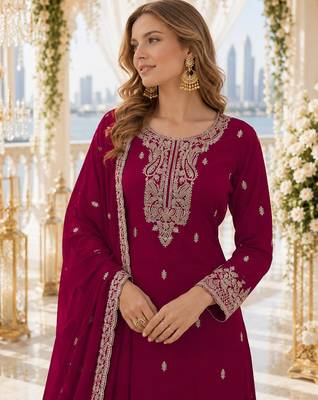 Red faux georgette semi stitched suit with embroidery & sequence work 2