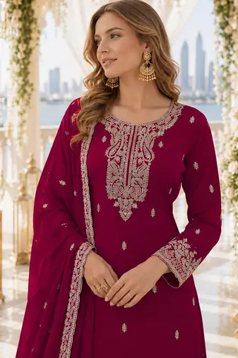 Red faux georgette semi stitched suit with embroidery & sequence work
