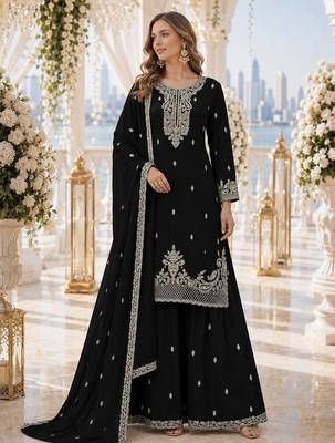 Black faux georgette semi stitched suit with embroidery & sequence work 1
