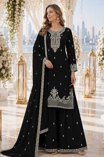 Black faux georgette semi stitched suit with embroidery & sequence work