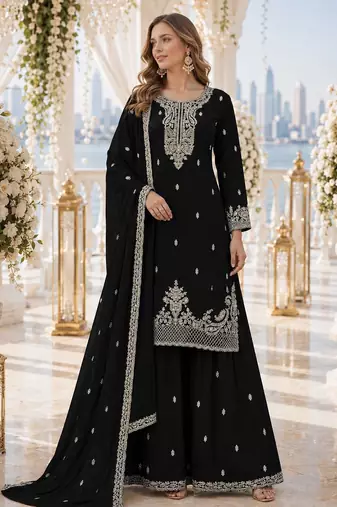 Black faux georgette semi stitched suit with embroidery & sequence work