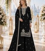 Black faux georgette semi stitched suit with embroidery & sequence work