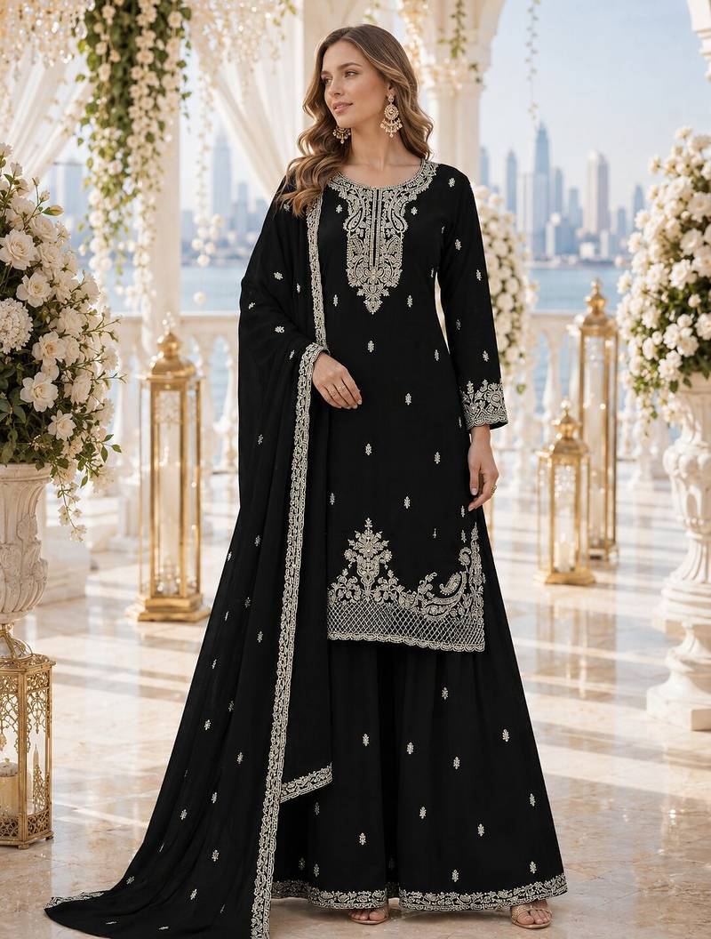 Black faux georgette semi stitched suit with embroidery & sequence work
